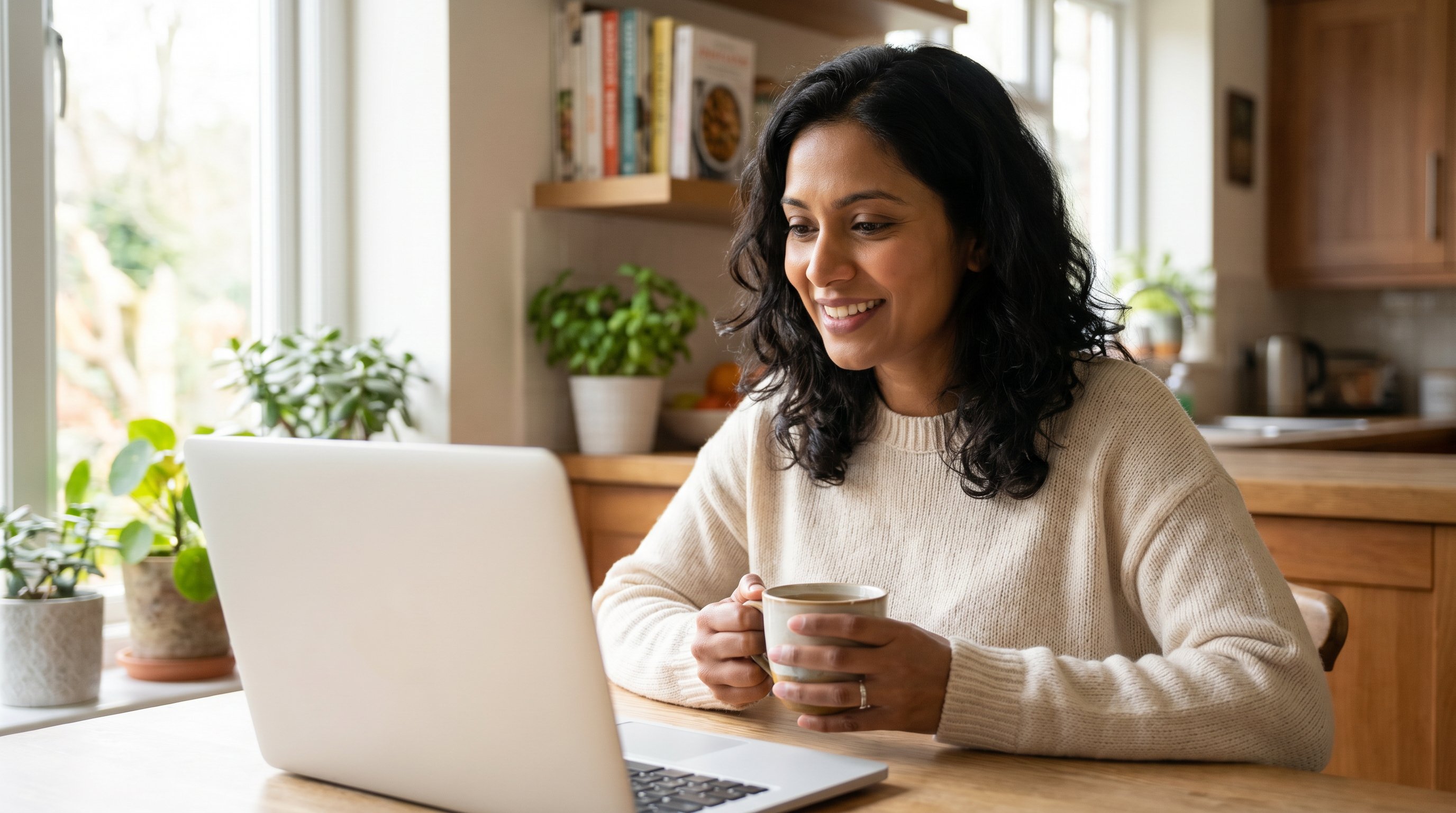 South Asian woman smiling at laptop with cup of tea