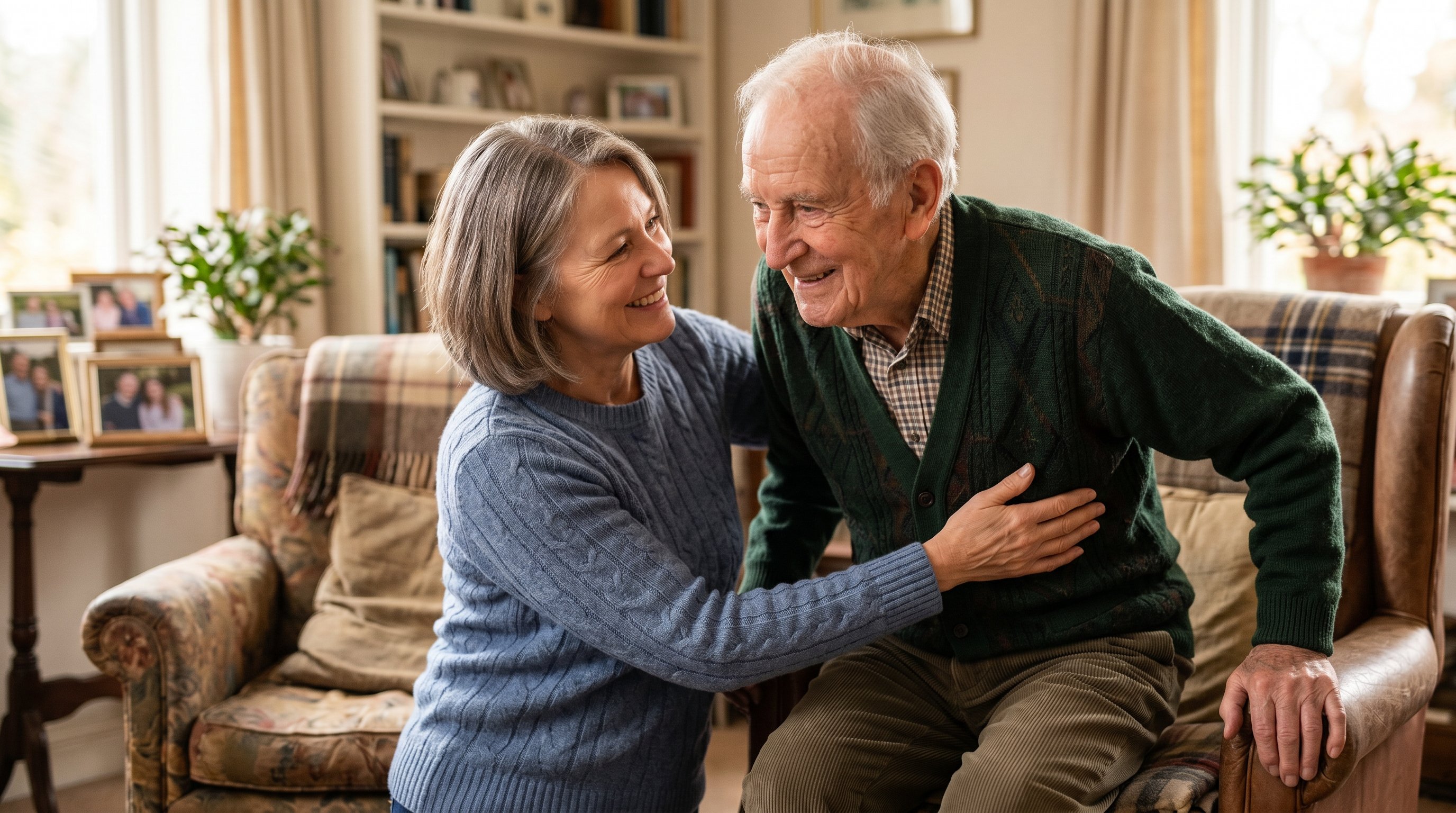 Woman helping elderly man get up from armchair