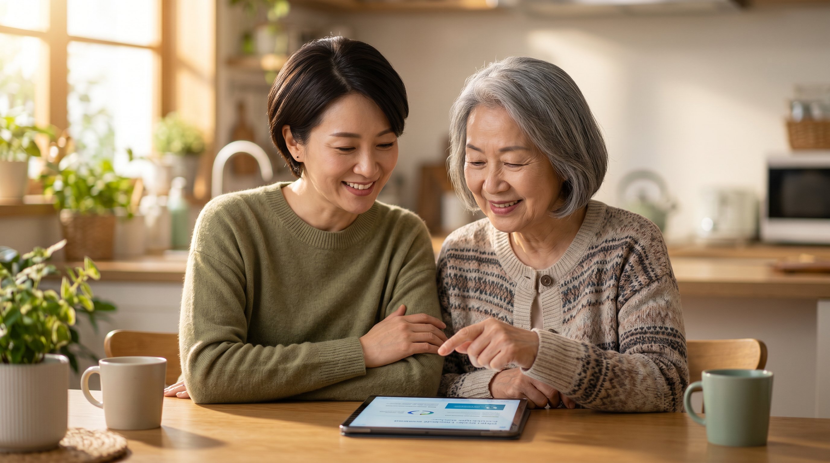 Mother and daughter looking at tablet together at home