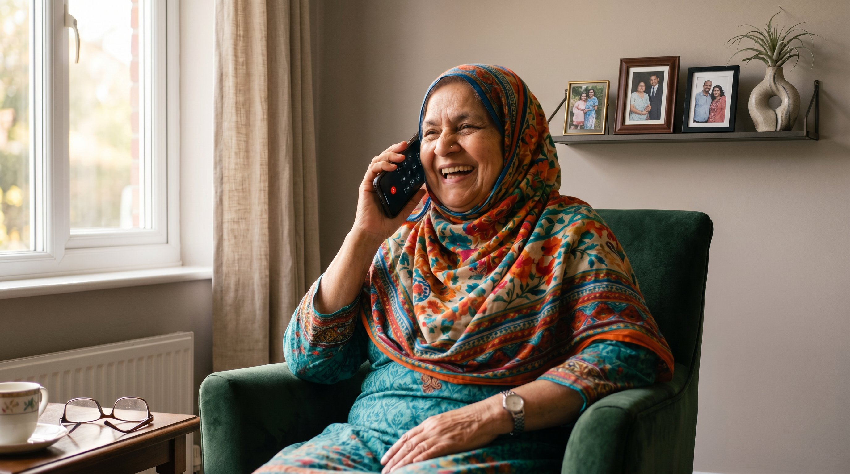 Elderly woman laughing on the phone at home