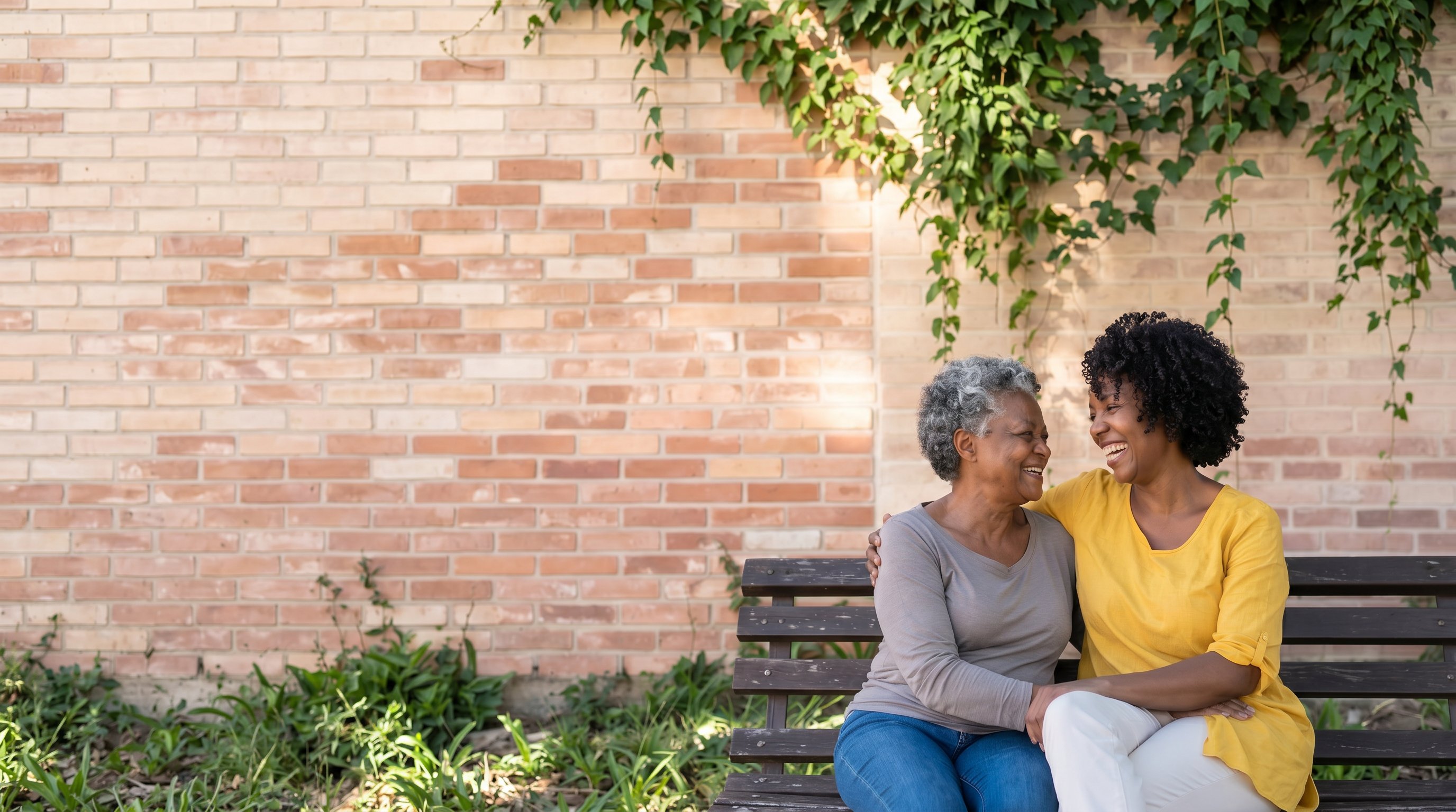 A woman and her elderly mother sitting together on a park bench, smiling and embracing