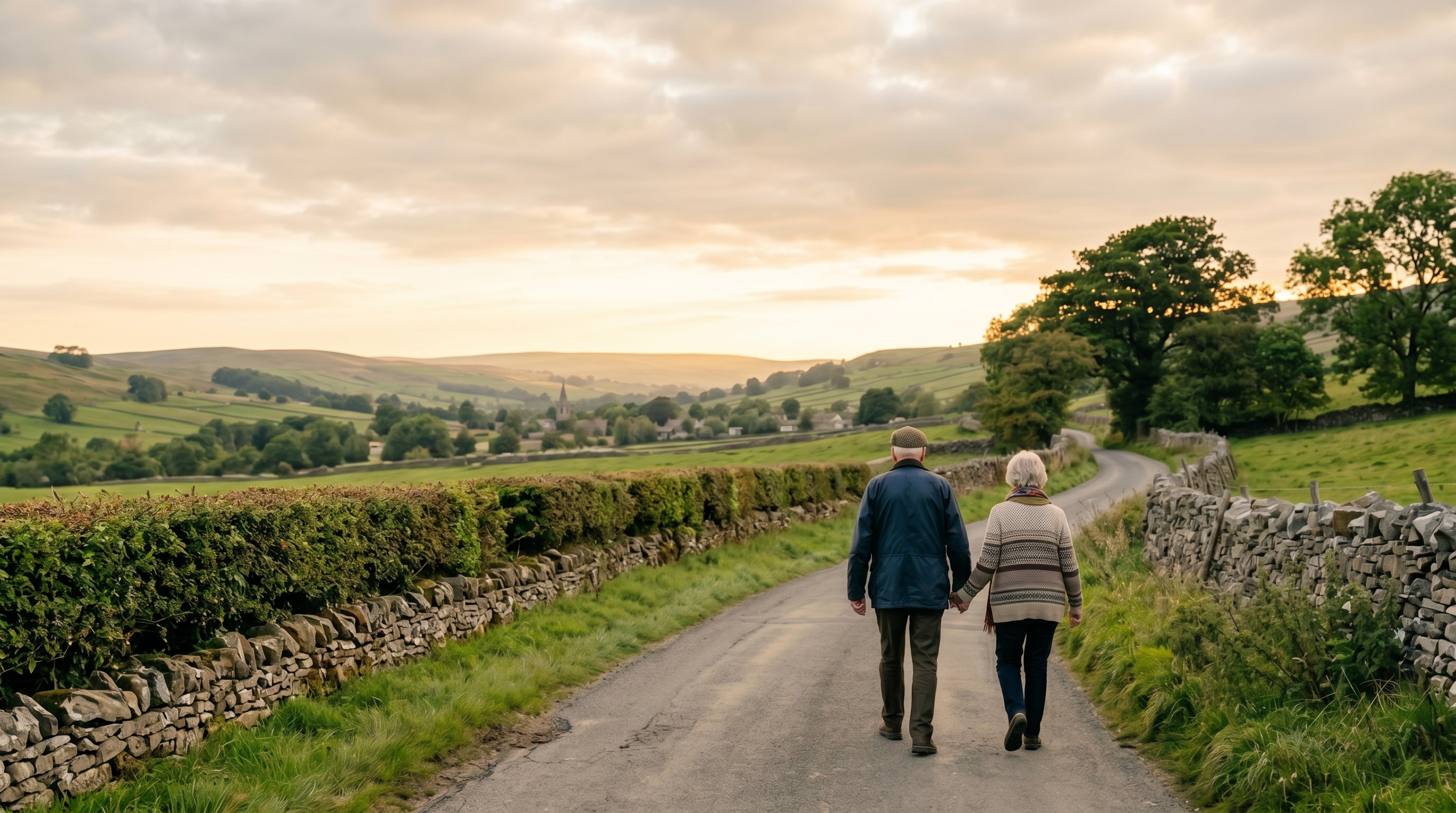 Elderly couple walking hand in hand along an English country lane towards the horizon